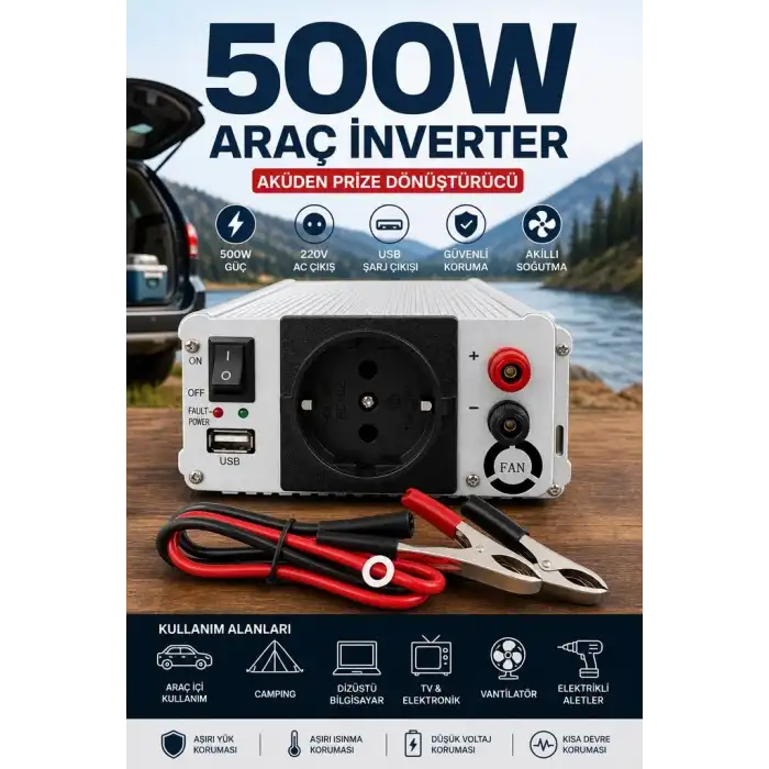 500W 12V DC 220V AC İnverter USB Çıkışlı Fanlı Akü Güç Dönüştürücü Araç Kullanımı