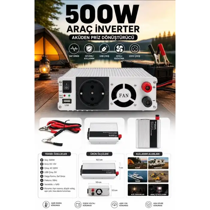 500W 12V DC 220V AC İnverter USB Çıkışlı Fanlı Akü Güç Dönüştürücü Araç Kullanımı