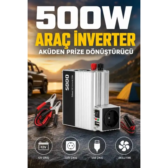 500W 12V Akü İnverteri 220V AC Çıkışlı USB Portlu Fanlı Güç Dönüştürücü Araç Karavan Kullanımı