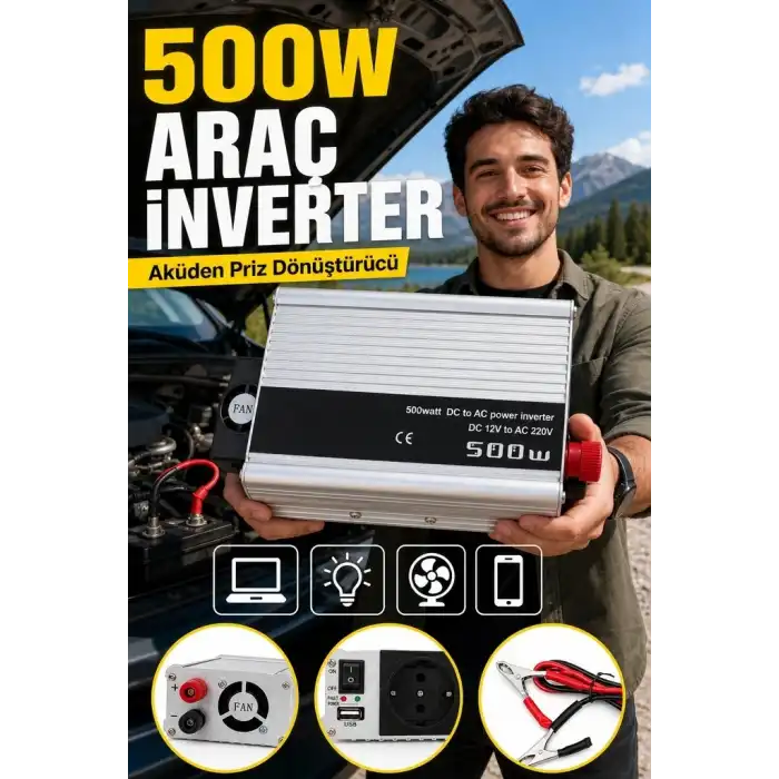 500W 12V Akü İnverteri 220V AC Çıkışlı USB Portlu Fanlı Güç Dönüştürücü Araç Karavan Kullanımı