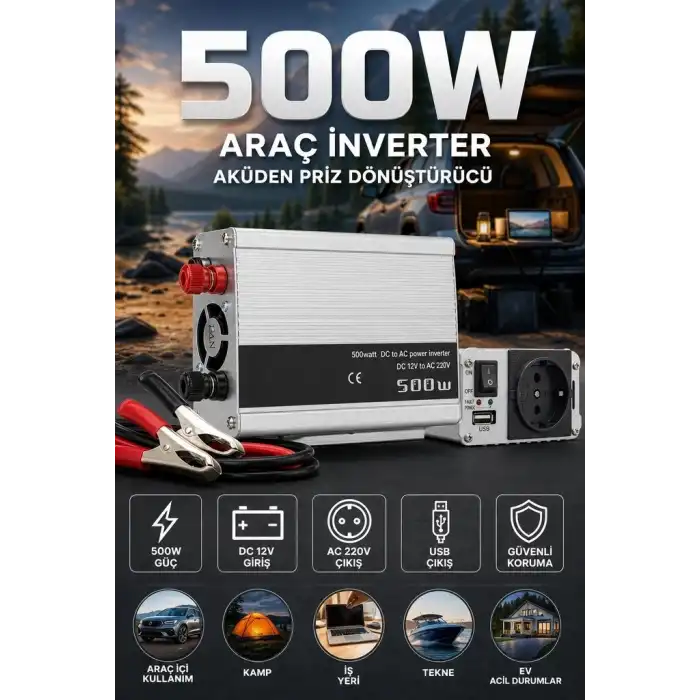 500W 12V Akü İnverteri 220V AC Çıkışlı USB Portlu Fanlı Güç Dönüştürücü Araç Karavan Kullanımı