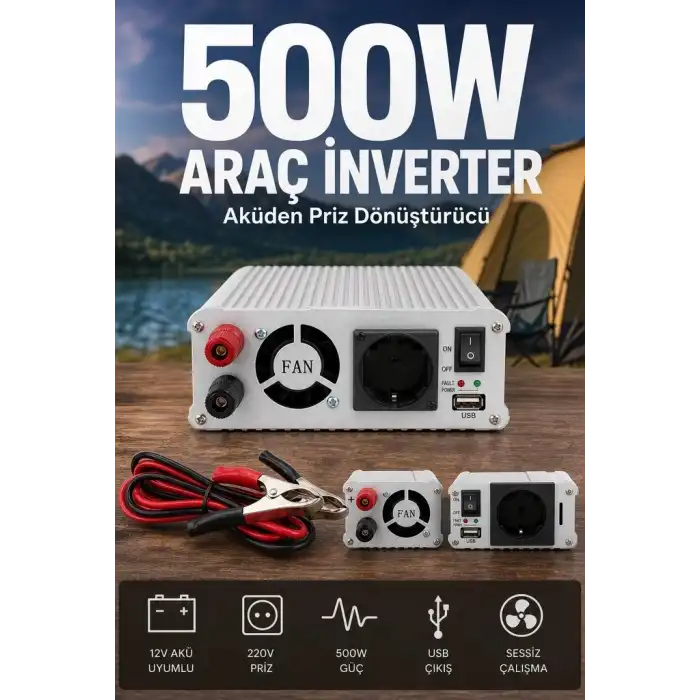 500W 12V Akü İnverteri 220V AC Çıkışlı USB Portlu Fanlı Güç Dönüştürücü Araç Karavan Kullanımı