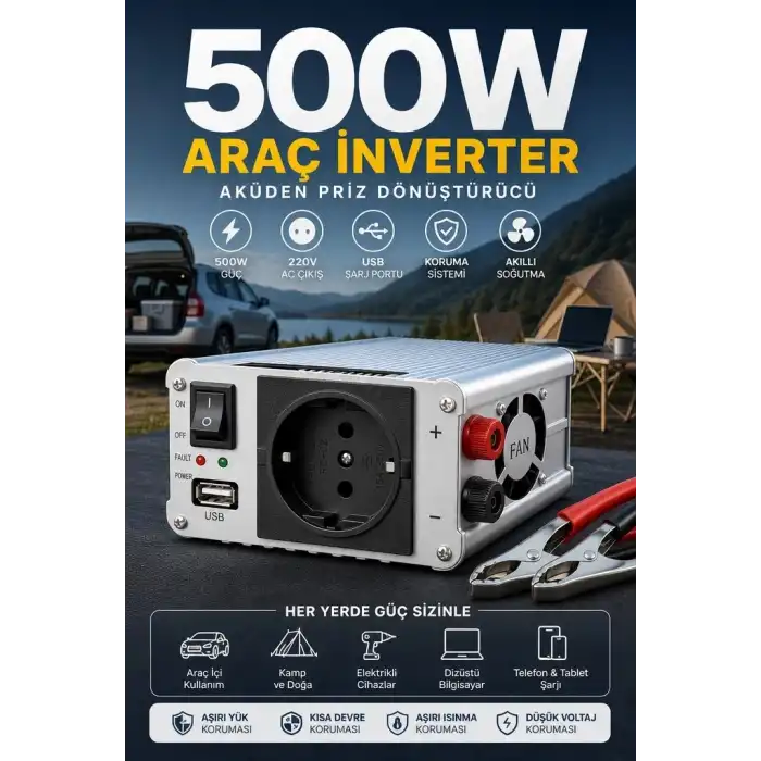 500W 12V Akü İnverteri 220V AC Çıkışlı USB Portlu Fanlı Güç Dönüştürücü Araç Karavan Kullanımı