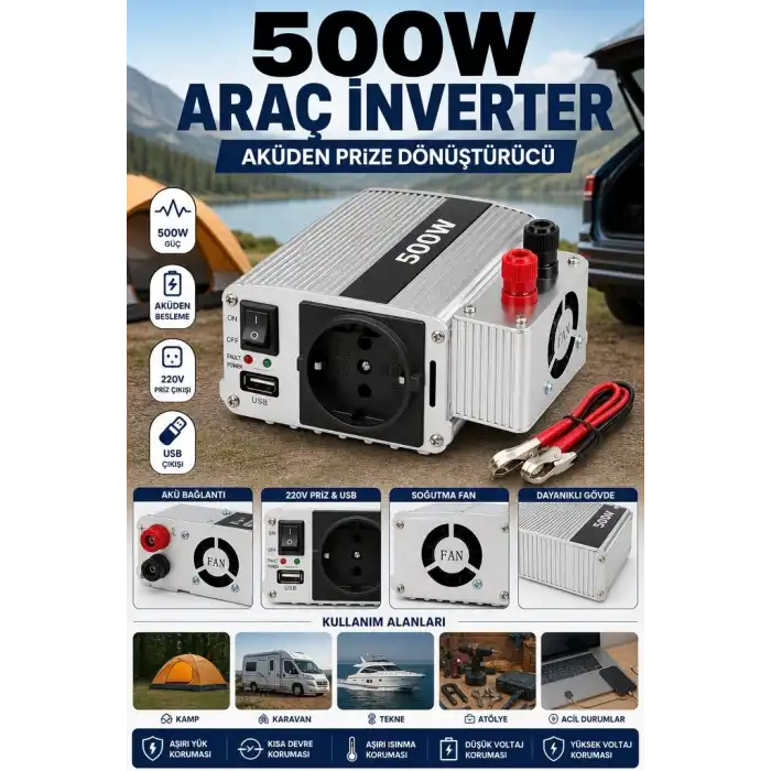 500W 12V Akü İnverteri 220V AC Çıkışlı USB Portlu Fanlı Güç Dönüştürücü Araç Karavan Kullanımı