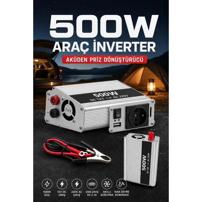 Araç ve Karavan İçin 500W 12V DC 220V AC USB Çıkışlı Fanlı İnverter Akü Güç Dönüştürücü