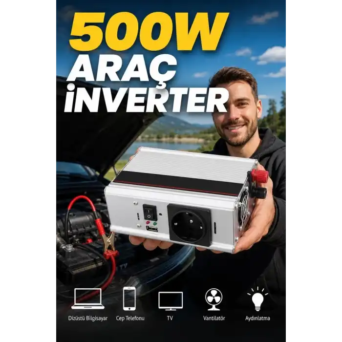 Araç ve Karavan İçin 500W 12V DC 220V AC USB Çıkışlı Fanlı İnverter Akü Güç Dönüştürücü