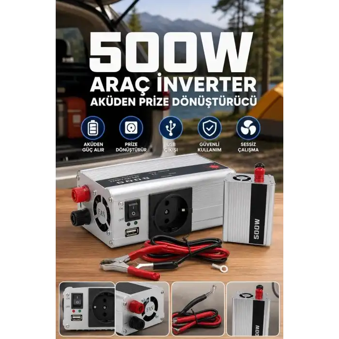 Araç ve Karavan İçin 500W 12V DC 220V AC USB Çıkışlı Fanlı İnverter Akü Güç Dönüştürücü