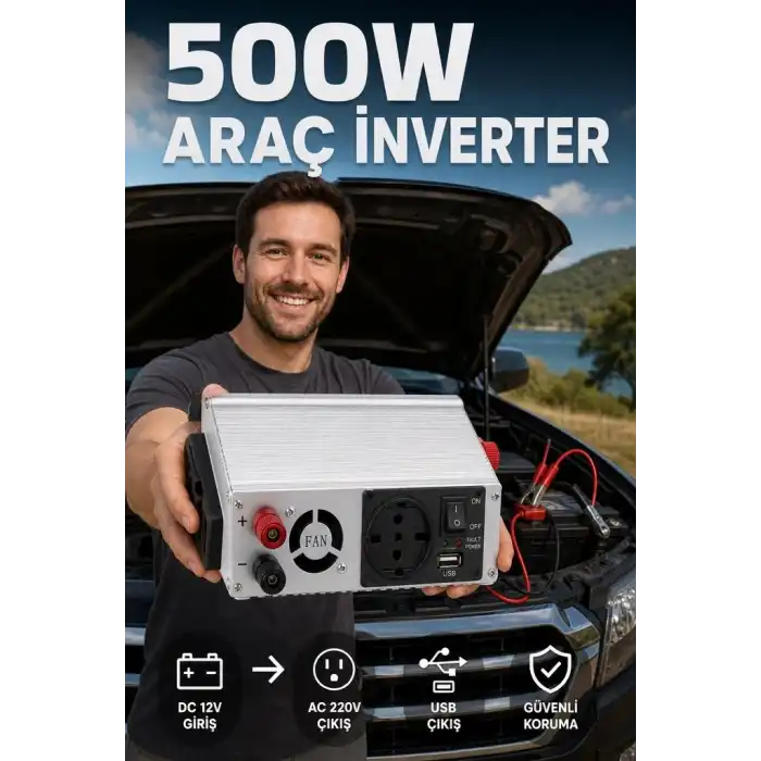 Araç ve Karavan İçin 500W 12V DC 220V AC USB Çıkışlı Fanlı İnverter Akü Güç Dönüştürücü