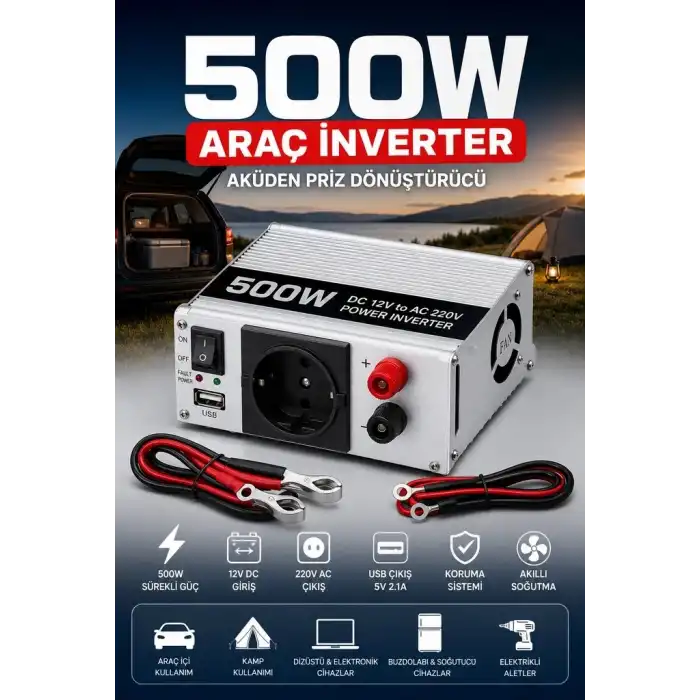 Araç ve Karavan İçin 500W 12V DC 220V AC USB Çıkışlı Fanlı İnverter Akü Güç Dönüştürücü