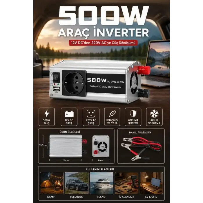Araç ve Karavan İçin 500W 12V DC 220V AC USB Çıkışlı Fanlı İnverter Akü Güç Dönüştürücü