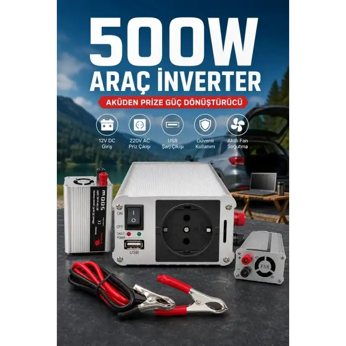 500W Fanlı Akü İnverteri 12V DC Giriş 220V AC Çıkış USB Portlu Taşınabilir Araç Kullanımı