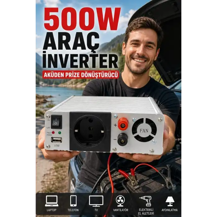 500W Fanlı Akü İnverteri 12V DC Giriş 220V AC Çıkış USB Portlu Taşınabilir Araç Kullanımı