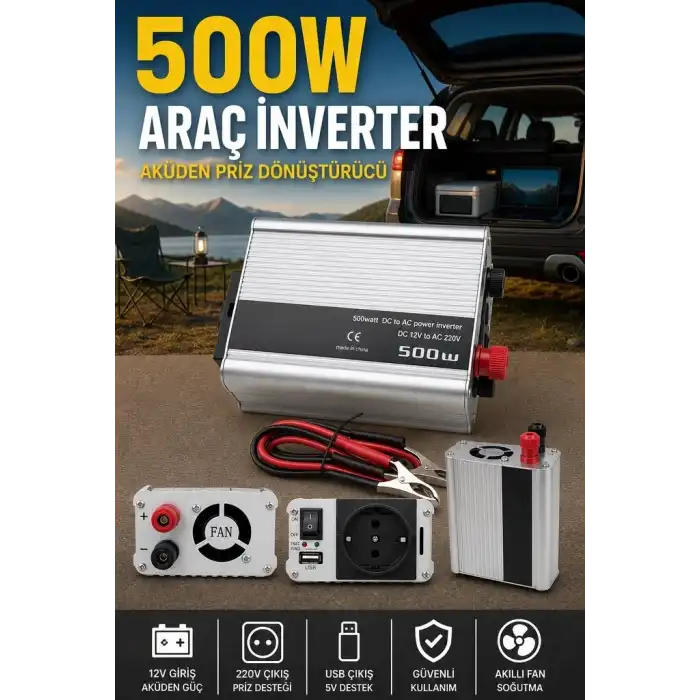 500W Fanlı Akü İnverteri 12V DC Giriş 220V AC Çıkış USB Portlu Taşınabilir Araç Kullanımı