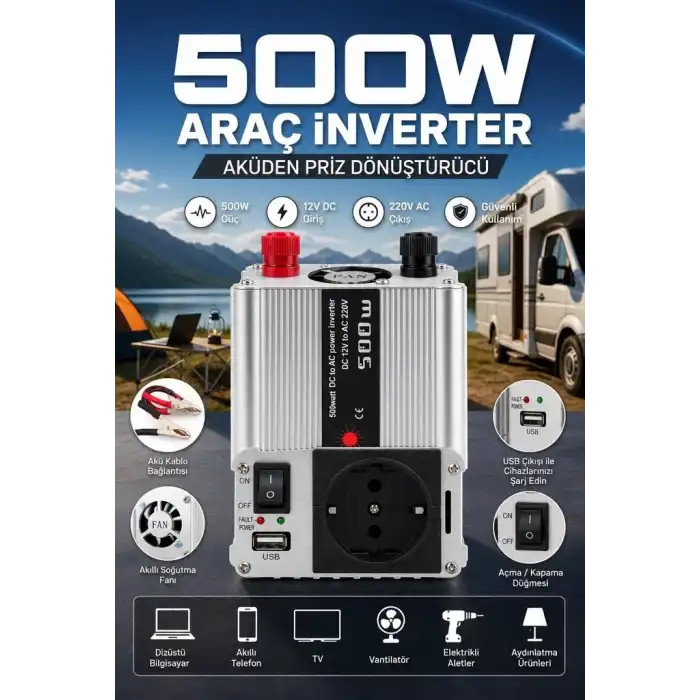 500W Fanlı Akü İnverteri 12V DC Giriş 220V AC Çıkış USB Portlu Taşınabilir Araç Kullanımı