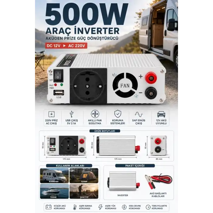 500W Fanlı Akü İnverteri 12V DC Giriş 220V AC Çıkış USB Portlu Taşınabilir Araç Kullanımı