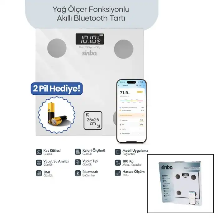 Beyaz Yağ Ölçer Akıllı Bluetooth Cam Baskül Pilli 180kg/50gr 26x26cm 8-kişi Hafıza Lcd Ekran ℃ Gösterge Sbs-4472 Bx40