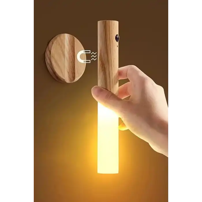 Sensörlü Şarjlı LED Ahşap Görünümlü Kablosuz Duvar Apliği Gün Işığı Ev ve Koridor İçin