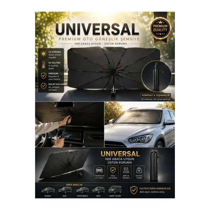 Evrensel Katlanabilir Şemsiye Tipi Araç Ön Cam Güneşliği UV Korumalı Isı Yalıtımlı 150x70 cm