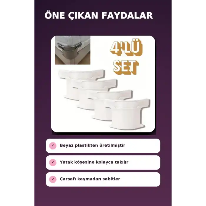 4lü Beyaz Plastik Yatak Çarşaf Sabitleyici Klips Seti