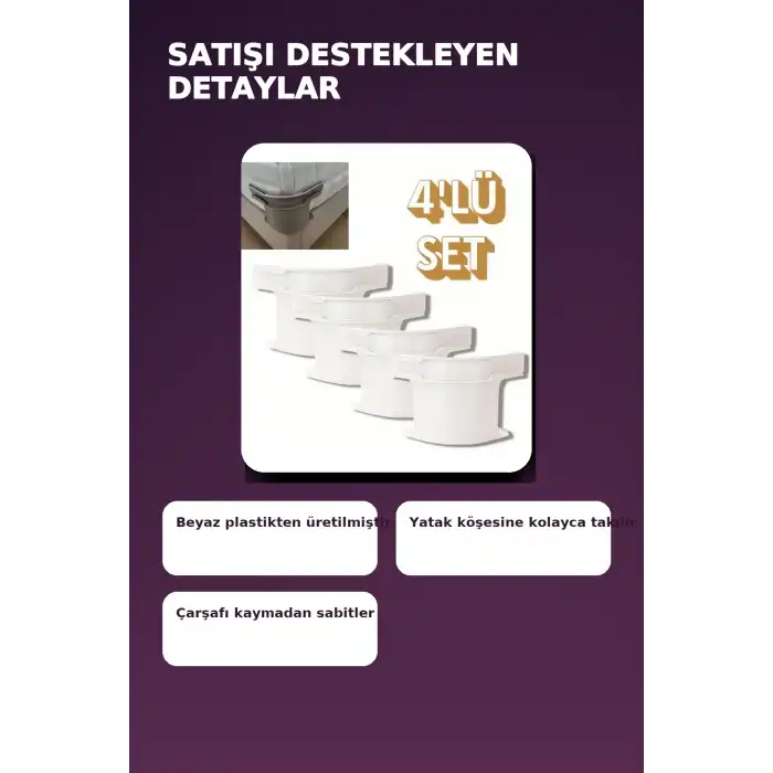 4lü Beyaz Plastik Yatak Çarşaf Sabitleyici Klips Seti