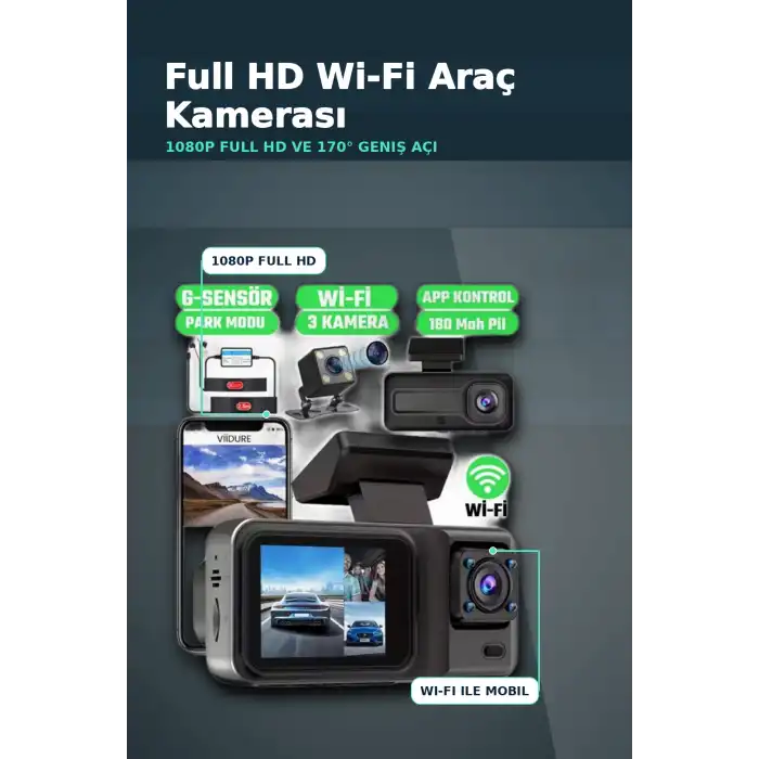 1080P Full HD 3 Kameralı Araç İçi Kayıt Kamerası Seti Wi-Fi ve Park Modu Özellikli