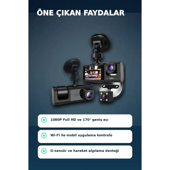 1080P Full HD 3 Kameralı Araç İçi Kayıt Kamerası Seti Wi-Fi ve Park Modu Özellikli