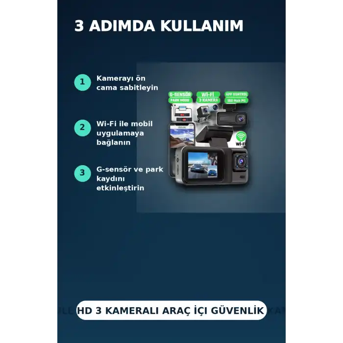 1080P Full HD 3 Kameralı Araç İçi Kayıt Kamerası Seti Wi-Fi ve Park Modu Özellikli