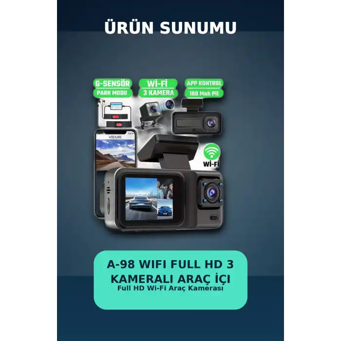 1080P Full HD 3 Kameralı Araç İçi Kayıt Kamerası Seti Wi-Fi ve Park Modu Özellikli
