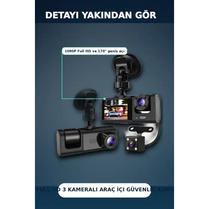 1080P Full HD 3 Kameralı Araç İçi Kayıt Kamerası Seti Wi-Fi ve Park Modu Özellikli