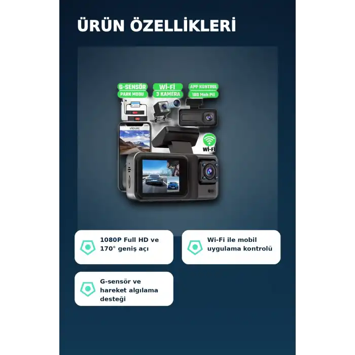 1080P Full HD 3 Kameralı Araç İçi Kayıt Kamerası Seti Wi-Fi ve Park Modu Özellikli