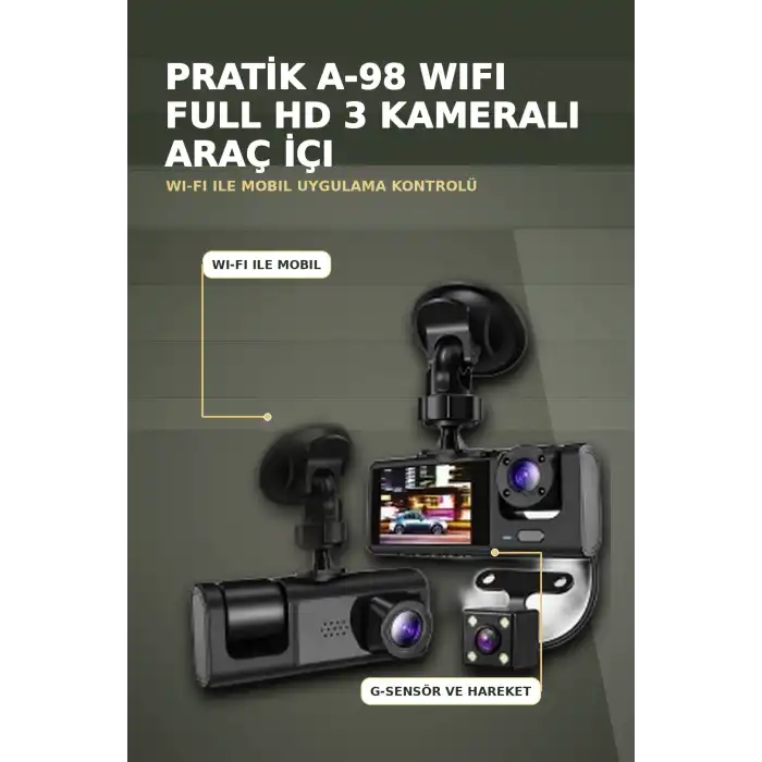 1080P Full HD 3 Kameralı Wi-Fi Araç İçi Kayıt Cihazı ve Park Modlu Güvenlik Kamerası Seti