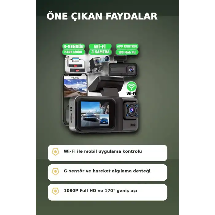 1080P Full HD 3 Kameralı Wi-Fi Araç İçi Kayıt Cihazı ve Park Modlu Güvenlik Kamerası Seti