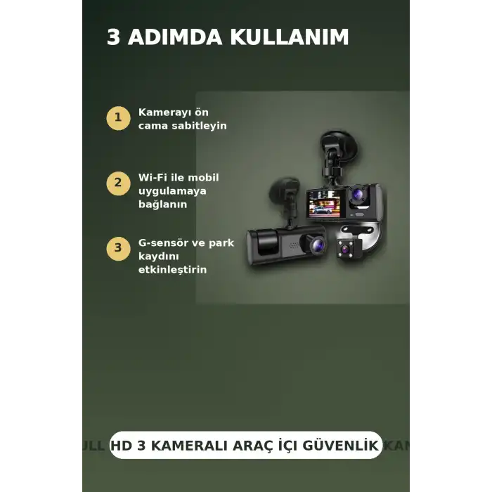 1080P Full HD 3 Kameralı Wi-Fi Araç İçi Kayıt Cihazı ve Park Modlu Güvenlik Kamerası Seti