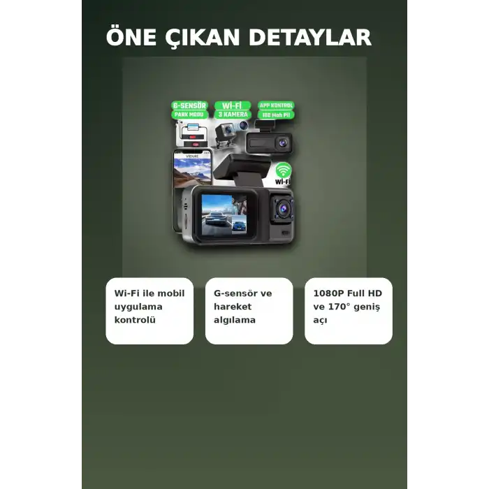 1080P Full HD 3 Kameralı Wi-Fi Araç İçi Kayıt Cihazı ve Park Modlu Güvenlik Kamerası Seti