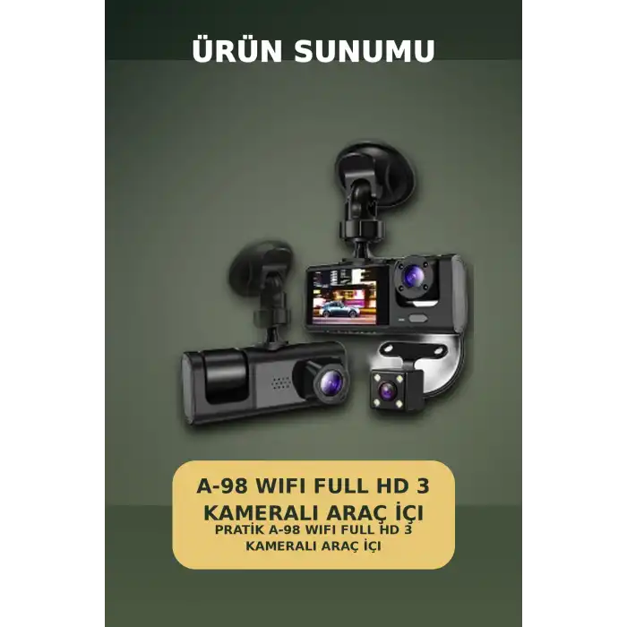 1080P Full HD 3 Kameralı Wi-Fi Araç İçi Kayıt Cihazı ve Park Modlu Güvenlik Kamerası Seti