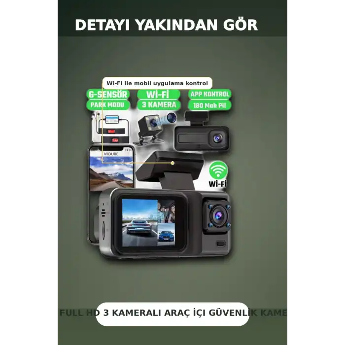 1080P Full HD 3 Kameralı Wi-Fi Araç İçi Kayıt Cihazı ve Park Modlu Güvenlik Kamerası Seti