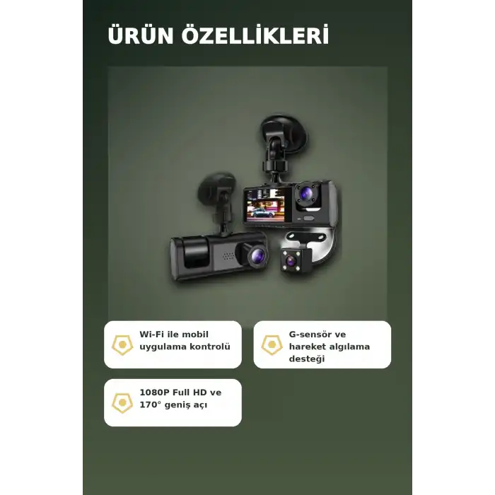 1080P Full HD 3 Kameralı Wi-Fi Araç İçi Kayıt Cihazı ve Park Modlu Güvenlik Kamerası Seti