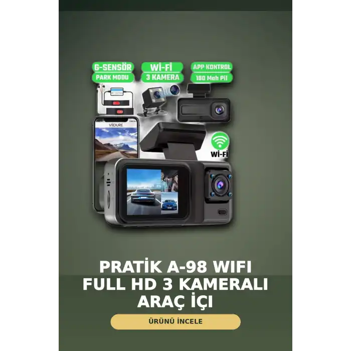 1080P Full HD 3 Kameralı Wi-Fi Araç İçi Kayıt Cihazı ve Park Modlu Güvenlik Kamerası Seti
