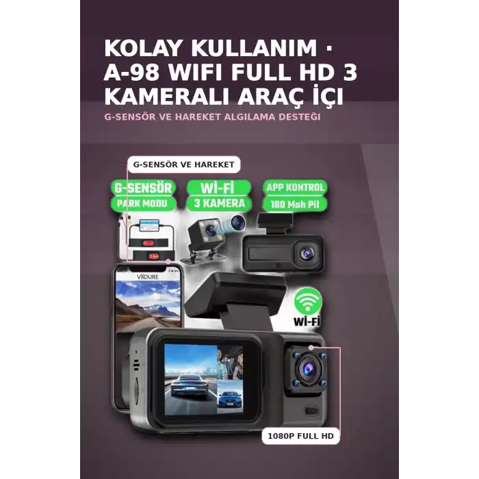 1080P Full HD 3 Kameralı Wi-Fi Bağlantılı Araç İçi Kayıt Cihazı ve Park Kamerası Seti