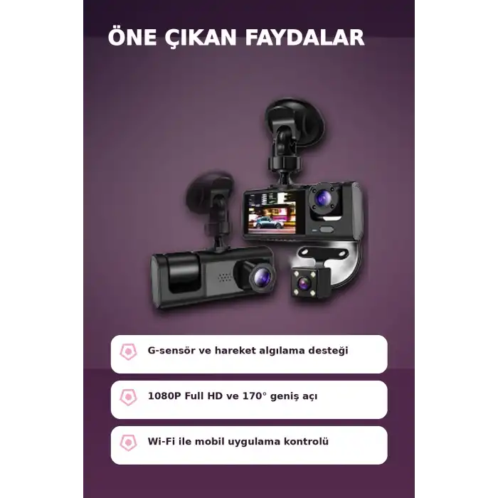 1080P Full HD 3 Kameralı Wi-Fi Bağlantılı Araç İçi Kayıt Cihazı ve Park Kamerası Seti