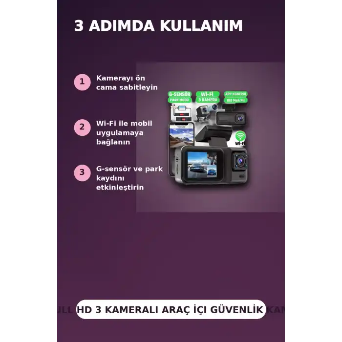 1080P Full HD 3 Kameralı Wi-Fi Bağlantılı Araç İçi Kayıt Cihazı ve Park Kamerası Seti