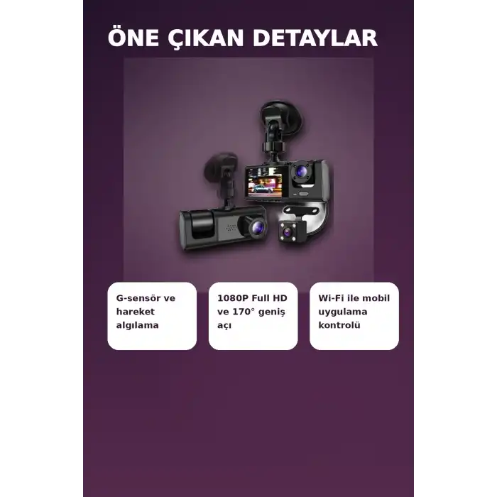 1080P Full HD 3 Kameralı Wi-Fi Bağlantılı Araç İçi Kayıt Cihazı ve Park Kamerası Seti