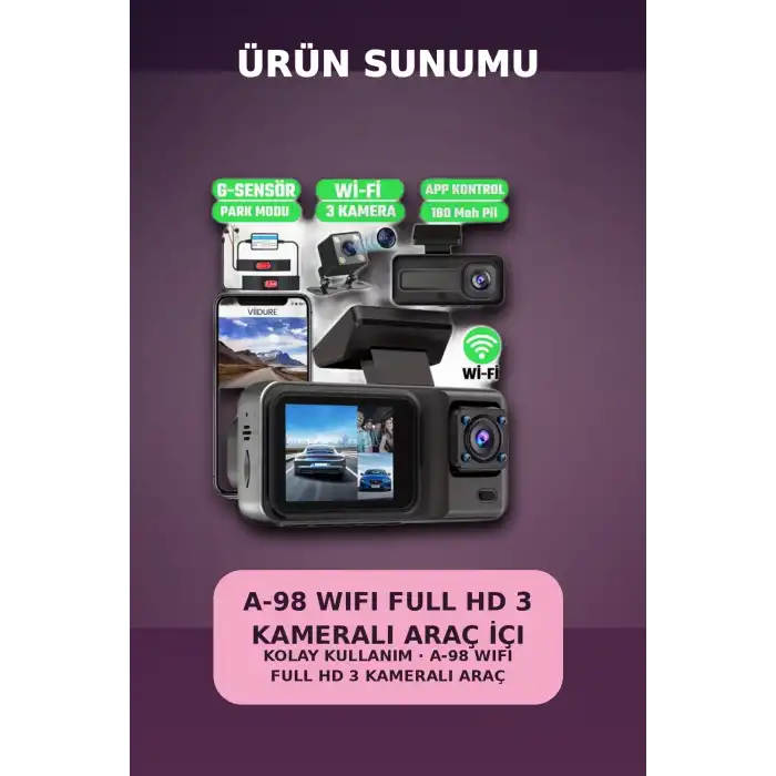 1080P Full HD 3 Kameralı Wi-Fi Bağlantılı Araç İçi Kayıt Cihazı ve Park Kamerası Seti