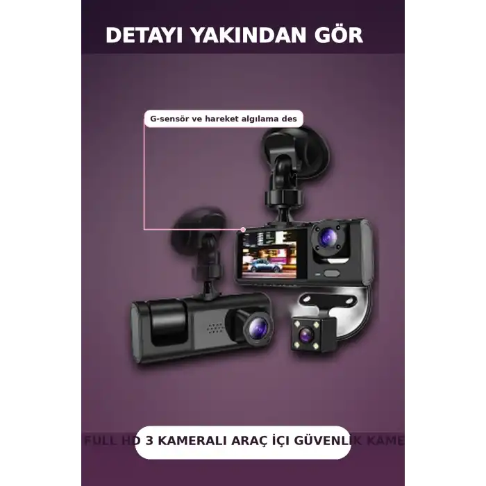 1080P Full HD 3 Kameralı Wi-Fi Bağlantılı Araç İçi Kayıt Cihazı ve Park Kamerası Seti