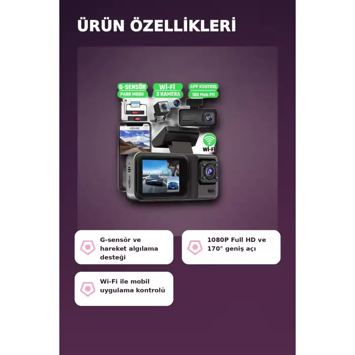 1080P Full HD 3 Kameralı Wi-Fi Bağlantılı Araç İçi Kayıt Cihazı ve Park Kamerası Seti