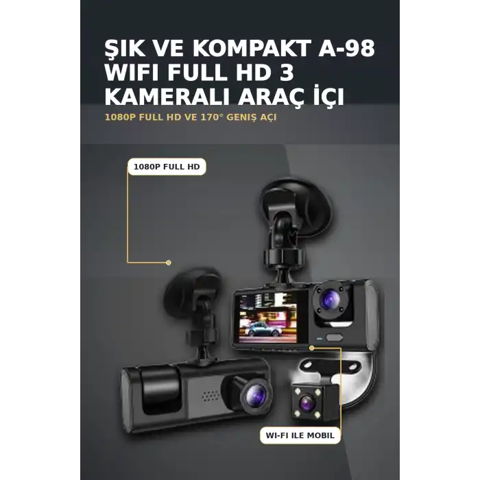 1080P Full HD 3 Kameralı Wi-Fi Araç İçi Yol Kayıt Kamerası Seti 170 Derece Park Modlu