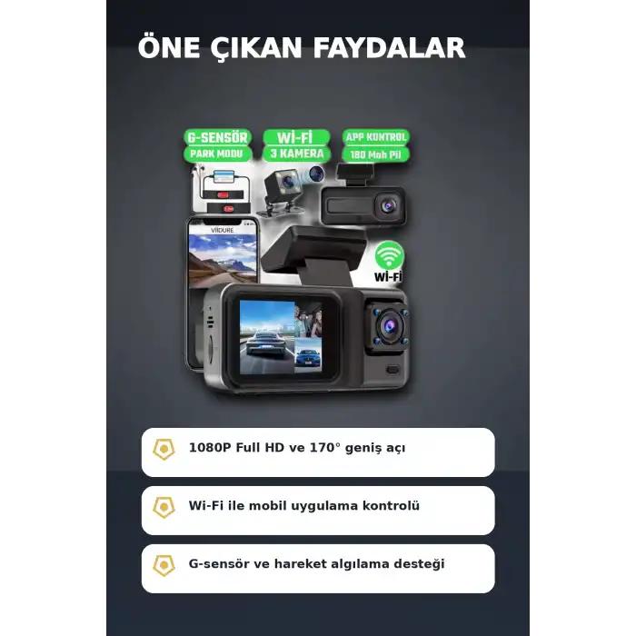 1080P Full HD 3 Kameralı Wi-Fi Araç İçi Yol Kayıt Kamerası Seti 170 Derece Park Modlu