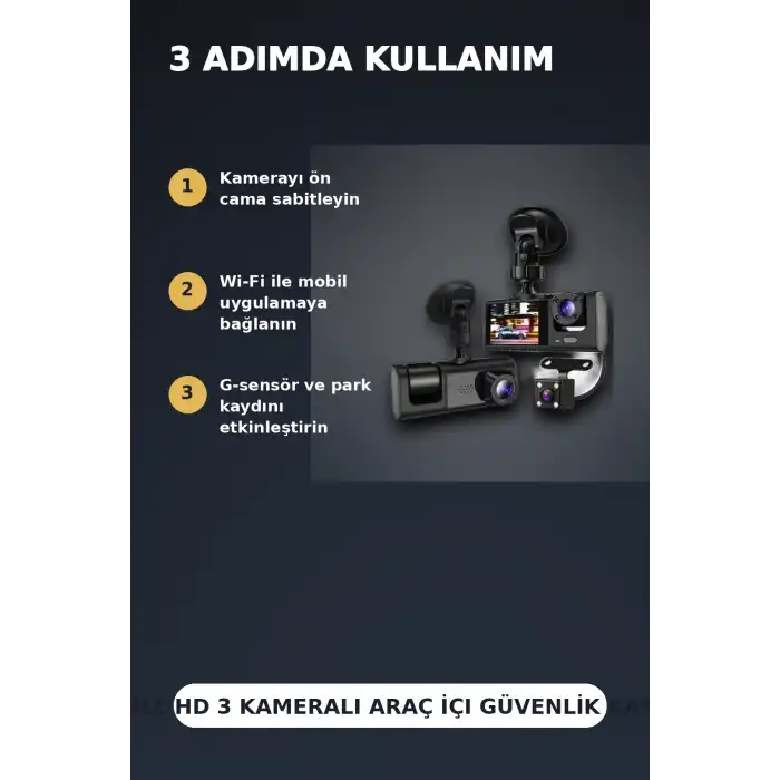 1080P Full HD 3 Kameralı Wi-Fi Araç İçi Yol Kayıt Kamerası Seti 170 Derece Park Modlu
