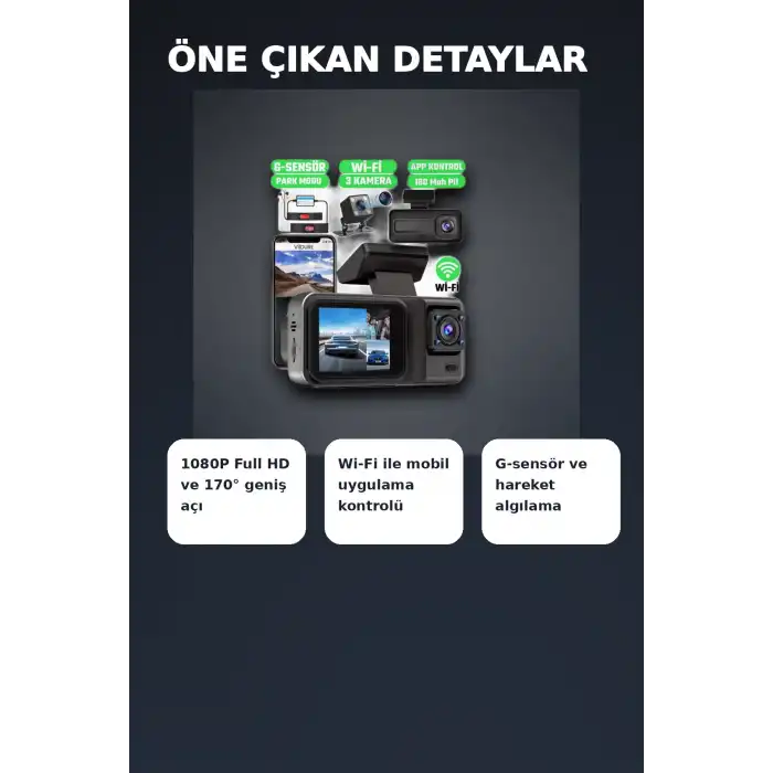 1080P Full HD 3 Kameralı Wi-Fi Araç İçi Yol Kayıt Kamerası Seti 170 Derece Park Modlu