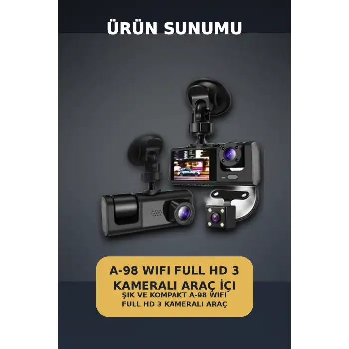 1080P Full HD 3 Kameralı Wi-Fi Araç İçi Yol Kayıt Kamerası Seti 170 Derece Park Modlu